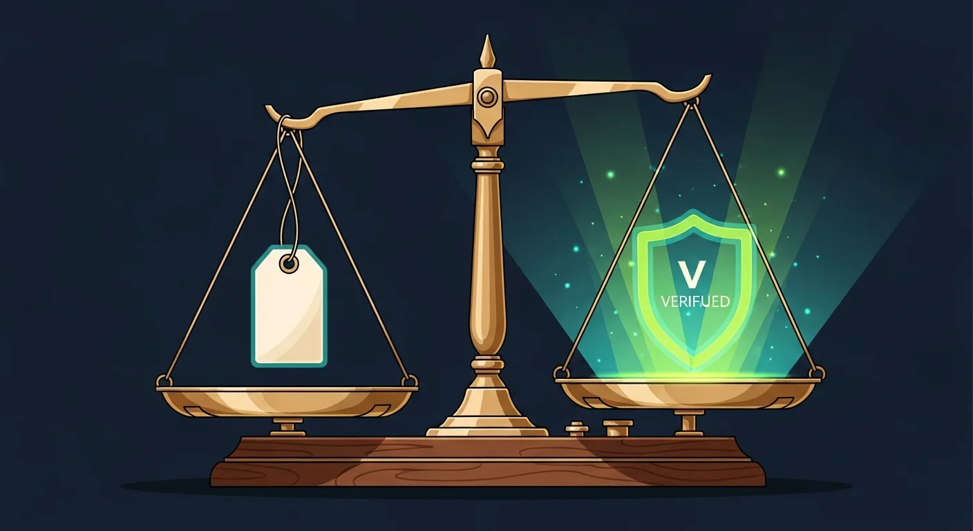 Illustration of scales tipping toward verified proof over price